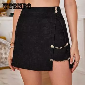 Осенне-зимняя коллекция, женская одежда, вельветовая юбка с разрезом по низу, декоративная пуговица, металлическая цепочка L чёрный