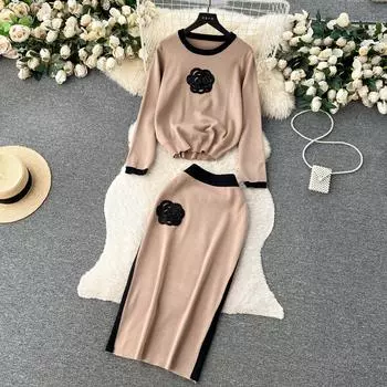 Осенне-зимняя контрастная футболка с круглым вырезом и свободными рукавами + тонкая юбка средней длины с высокой талией, комплект из двух предметов One Size чёрный