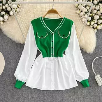 Осенне-зимняя корейская стильная дизайнерская поддельная рубашка из двух частей с v-образным вырезом и длинными рукавами, женская короткая стильная куртка