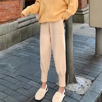 Осенне-зимняя корейская версия брюк «бабушка» новая мода с высокой талией брюки «Харлан» с девятью точками утолщенные трикотажные повседневные брюки женская одежда One Size хаки
