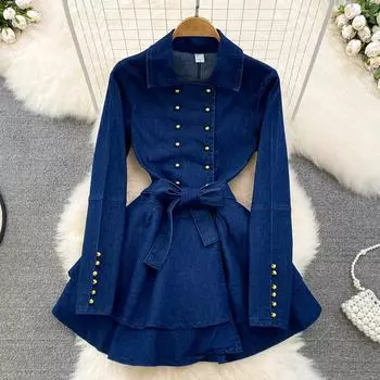 Осенне-зимняя корейская версия темпераментного ретро-платья с длинными рукавами и лацканами на талии, тонкое джинсовое пышное платье