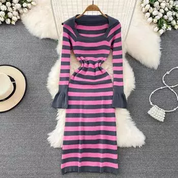 Осенне-зимняя корейская версия винтажного темпераментного тонкого трикотажного платья с рукавами-колокольчиками и лацканами в розовую полоску