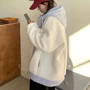 Осенне-зимняя короткая куртка из плюша ягненка, женская бейсбольная майка tide ins, плюшевая утолщенная корейская версия, свободный кардиган, свитер абрикосового цвета M абрикосовый