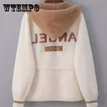 Осенне-зимняя короткая куртка с цветными буквами и свободными пуговицами, толстый вязаный кардиган с капюшоном, свитер S