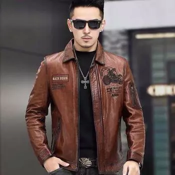 Осенне-зимняя кожаная куртка. Красивая трендовая мотоциклетная одежда. Универсальная кожаная куртка с лацканами. Мужская одежда. L коричневый