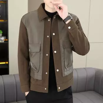 Осенне-зимняя кожаная куртка с лацканами, мужская модная тенденция, теплая шерстяная куртка, молодежная, корейский стиль, свободная повседневная рабочая куртка L