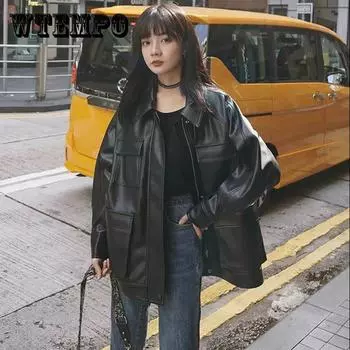 Осенне-зимняя кожаная куртка, свободная мотоциклетная куртка в стиле ретро, бархатная утепленная женская кожаная куртка средней длины XL чёрный