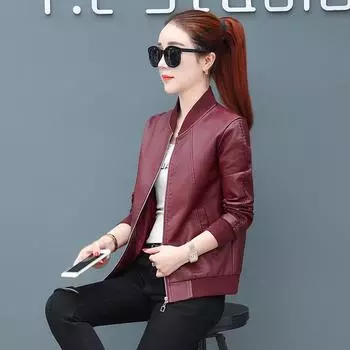 Осенне-зимняя кожаная куртка женская из искусственной кожи короткая куртка большого размера женская тонкая повседневная куртка M