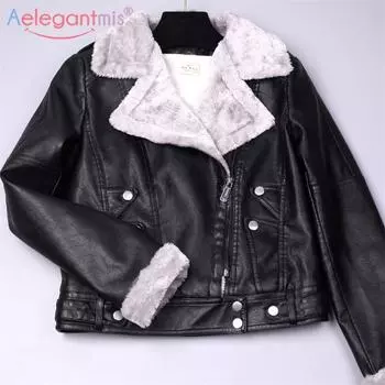 Осенне-зимняя кожаная куртка, женское пальто из искусственного меха, женская тонкая короткая мотоциклетная байкерская куртка, верхняя одежда S чёрный