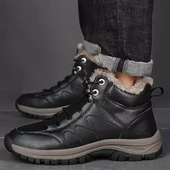 Осенне-зимняя кожаная плюшевая походная обувь, большая мужская теплая хлопковая обувь, спортивная обувь на открытом воздухе, зимние сапоги 39 чёрный