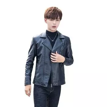 Осенне-зимняя красивая повседневная кожаная куртка с лацканами, мужская молодежная куртка-локомотив, куртка из искусственной кожи, куртка M чёрный