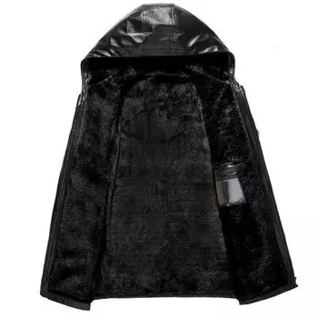 Осенне-зимняя красивая теплая бархатная толстая кожаная куртка мужская куртка с капюшоном и бархатная толстая меховая куртка парка пальто L чёрный