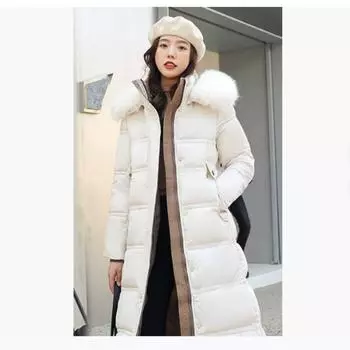 Осенне-зимняя куртка большого размера с хлопковой подкладкой, капюшоном и меховым воротником, приталенная, удлиненная до колен, женская хлопковая куртка с толстой подкладкой S белый