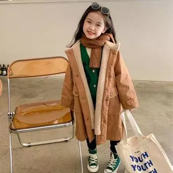 Осенне-зимняя куртка для девочек, хлопковая верхняя одежда, ветрозащитная, длинная, теплая, с толстым вельветом, зимняя детская одежда 160