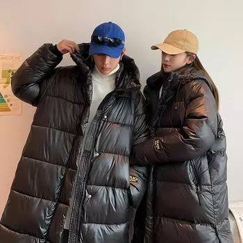 Осенне-зимняя куртка из черного золота с пухом из хлопка, удлиненная модель, длина до колена, плотная корейская версия, свободная куртка из хлопка, куртка из хлопка для пары XXL чёрный