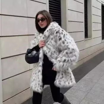 Осенне-зимняя куртка из искусственного меха лисы, женская, средней и длинной длины, экологически чистая шуба, утолщенная, свободный топ с леопардовым принтом S цветной печати леопарда