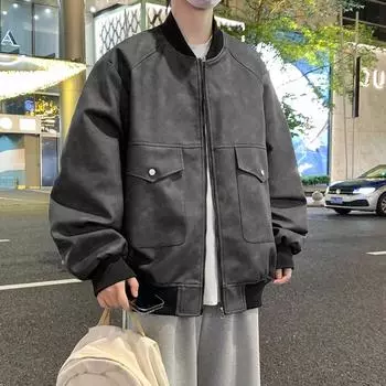 Осенне-зимняя куртка из искусственной кожи в портовом стиле, мужская, свободная, большого размера, для полных людей, однотонная, повседневная, для пар, мужская M чёрный