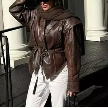 Осенне-зимняя куртка из искусственной кожи, женская модная винтажная женская куртка с v-образным вырезом из искусственной кожи, элегантная уличная повседневная женская верхняя одежда M коричневый