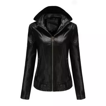 Осенне-зимняя куртка из кожи с капюшоном для женщин со съемным капюшоном плюс бархатная кожаная куртка приталенная куртка S чёрный
