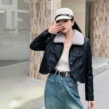 Осенне-зимняя куртка из натуральной кожи с мехом и бархатом для женщин, модная и высококачественная утолщенная короткая мотоциклетная куртка M