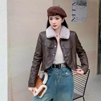 Осенне-зимняя куртка из натуральной кожи с мехом и бархатом для женщин, модная и высококачественная утолщенная короткая мотоциклетная куртка M