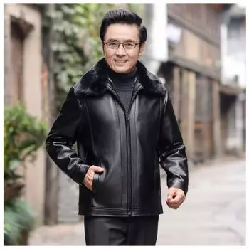 Осенне-зимняя куртка из натуральной кожи с меховым воротником, мужская куртка из искусственного меха, интегрированная мужская флисовая утолщенная мужская кожаная куртка 52 чёрный
