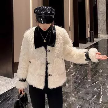 Осенне-зимняя куртка из овечьей шерсти с интегрированным мехом, микро-рулон, кашемировый искусственный мех, локомотив, маленький ароматный тонкий топ S