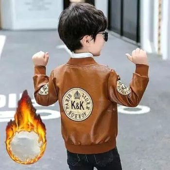 Осенне-зимняя куртка из плюшевой искусственной кожи для мальчиков, верхняя одежда для малышей, детская одежда, детская одежда, кожаная куртка на молнии, пальто 160cm чёрный