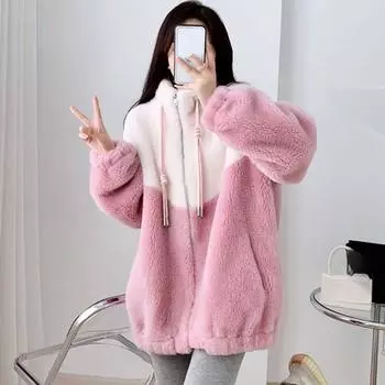 Осенне-зимняя куртка-кардиган из овечьей шерсти, женская, утолщенная, воротник-стойка, цветные флисовые толстовки с капюшоном, толстовка, женские пальто y2k M