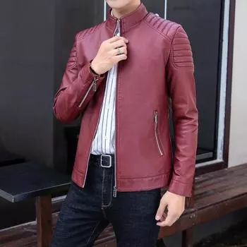 Осенне-зимняя куртка-локомотив, мужская куртка из искусственной кожи с воротником-стойкой, повседневная куртка из кожи с воротником-стойкой, ветрозащитная теплая куртка M чёрный