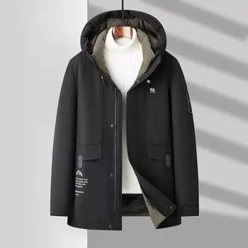 Осенне-зимняя куртка на молнии с капюшоном на утином пуху для среднего возраста, теплая, утолщенная, повседневная 170 чёрный