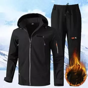 Осенне-зимняя куртка Plus Velvet Jacket Suit Водонепроницаемый и ветрозащитный Soft Shell Унисекс Хлопок Открытый Толстый Стиль XXXXL чёрный