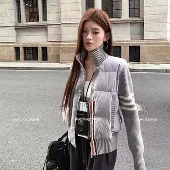 Осенне-зимняя куртка-пуховик женская 2024 года, зимняя новая стойка-воротник, модная трикотажная короткая белая куртка-пуховик на утином пуху S