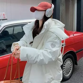 Осенне-зимняя куртка с хлопковой подкладкой. Женское короткое стильное пуховое хлопковое пальто с хлебом. S белый