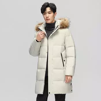 Осенне-зимняя куртка с капюшоном, длинное толстое пальто, теплое белое пуховое пальто для мужчин M белый