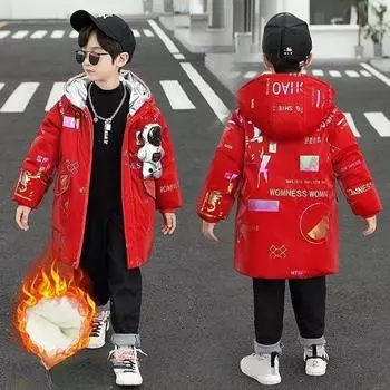 Осенне-зимняя куртка средней длины с капюшоном, утепленная, с рисунком, повседневная верхняя одежда для мальчиков 160 чёрный