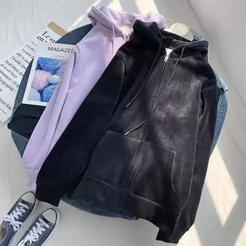 Осенне-зимняя куртка-свитер для женщин, утолщенная бархатная универсальная студенческая простая спортивная и повседневная куртка с капюшоном на молнии XXL чёрный