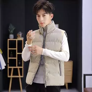Осенне-зимняя куртка теплая пуховая хлопковая корейская версия воротник-стойка жилет мужской M бежевый