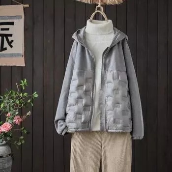 Осенне-зимняя легкая и тонкая короткая куртка-пуховик с капюшоном, куртка на молнии, женская дизайнерская куртка в клетку в корейском стиле S