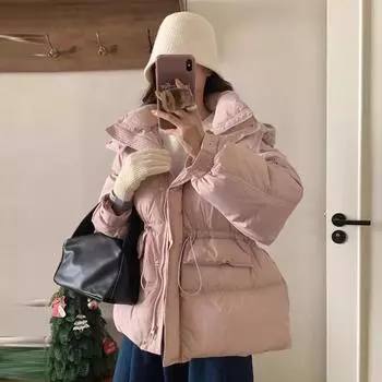 Осенне-зимняя легкая женская куртка-пуховик с капюшоном, на молнии, свободная прямая белая куртка из утиного пуха, воротник-стойка, большой карман, однотонный цвет S чёрный