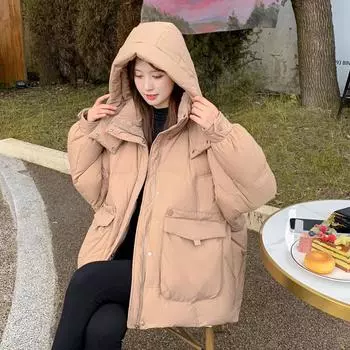 Осенне-зимняя легкая женская куртка-пуховик с капюшоном, на молнии, свободная прямая белая куртка из утиного пуха, воротник-стойка, большой карман, однотонный цвет One Size чёрный