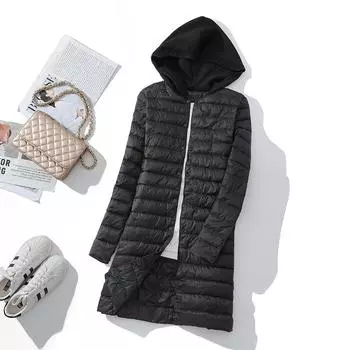 Осенне-зимняя легкая женская куртка-пуховик средней и длинной длины с капюшоном, вязаная шапка, пальто с легкой теплой курткой внутри M чёрный