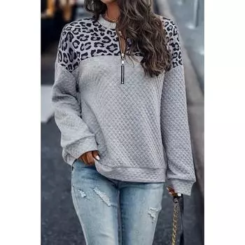 Осенне-зимняя леопардовая толстовка с капюшоном на молнии для женщин, повседневная теплая толстовка с капюшоном, длинный рукав S серый