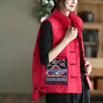 Осенне-зимняя литературная и ретро этническая куртка-пуховик с пряжкой, женская короткая жилетка с карманом, вышитым воротником-стойкой, куртка прилив M чёрный