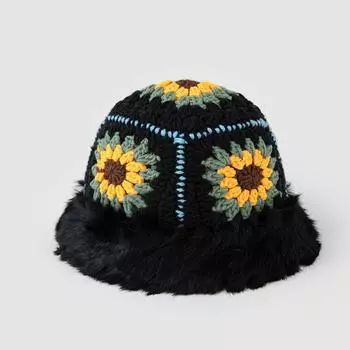 Осенне-зимняя махровая шапка-ведро, симпатичная шерстяная шапка ручной работы, утолщенный мех, универсальная термошапка, плюшевая вязаная шапка для женщин M56-58cm чёрный
