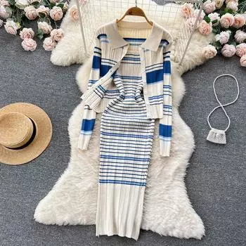 Осенне-зимняя маленькая ароматная полосатая ветровка, разноцветная сексуальная вязаная рубашка в полоску с лацканами, платье с бретелькой на бретельках из двух частей One Size