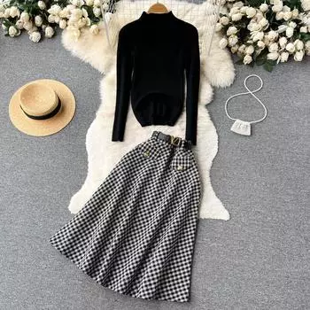 Осенне-зимняя маленькая трикотажная рубашка с полым низом и небольшой клетчатой юбкой-полуюбкой, комплект из двух предметов S чёрный