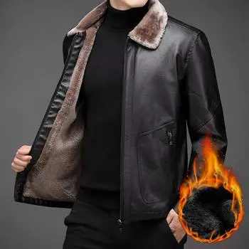 Осенне-зимняя меховая куртка из искусственной кожи, мужская куртка с меховым воротником, бархатная утолщенная кожаная куртка, мужской стиль M чёрный