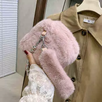 Осенне-зимняя меховая сумка через плечо для женщин, простые однотонные мягкие сумки для наушников с помадой, женские клатчи на цепочке