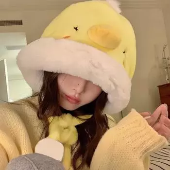 Осенне-зимняя милая белая маленькая желтая утиная шапка головной убор бейсболка теплая плюшевая утолщенная защитная шапка для ушей велосипедная шапка прилив M56-58cm белый